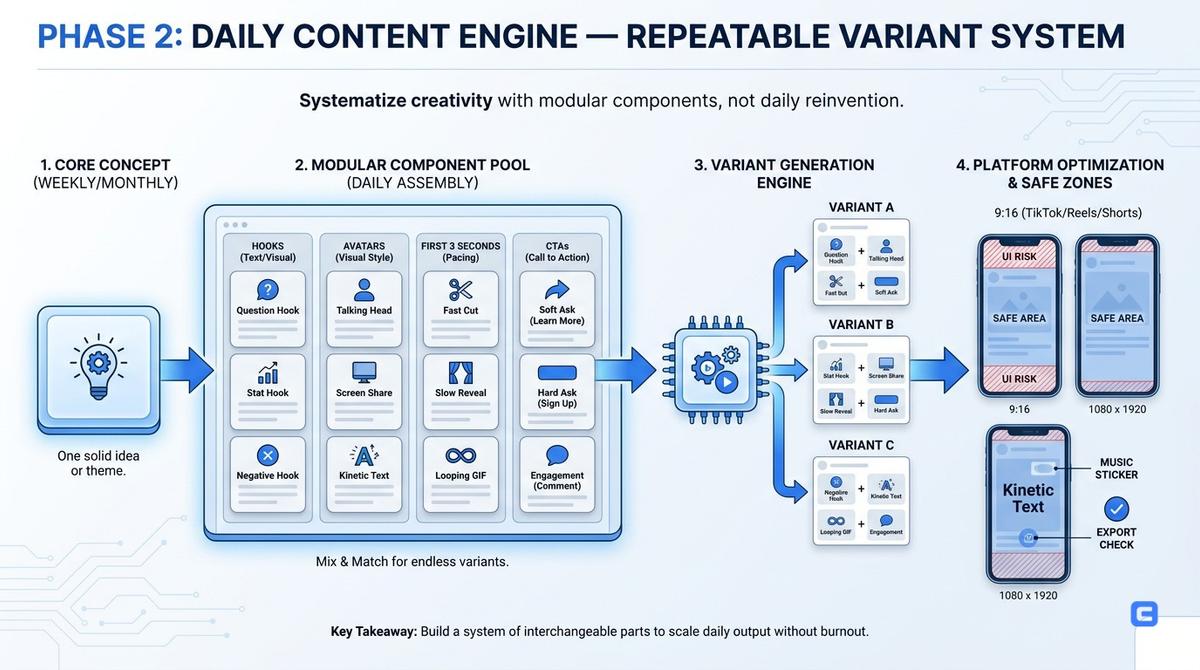 Editorial illustration for Phase 2: Build a daily content engine