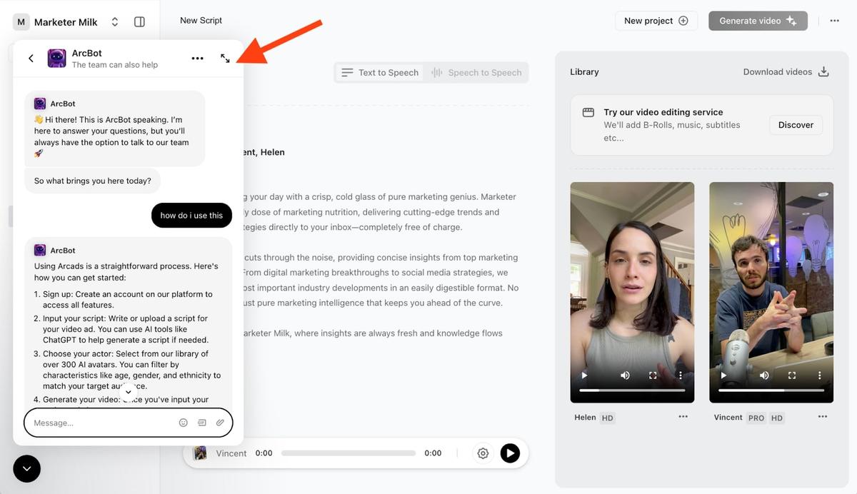 Arcads customer support screenshot