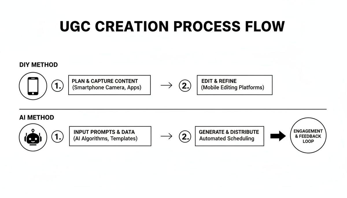 Flowchart comparing UGC creation methods: DIY using smartphone camera and mobile editing, versus AI using prompts, algorithms, and automated scheduling, ending in an engagement loop.