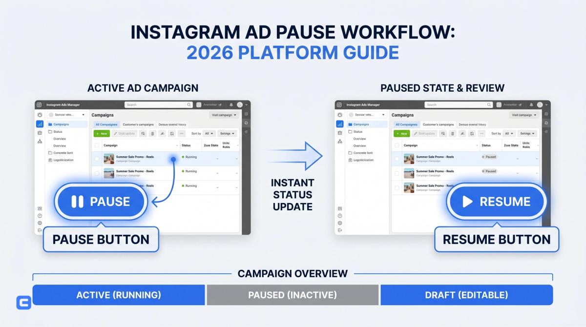 Instagram ad dashboard showing a paused campaign toggle and performance metrics - infographic