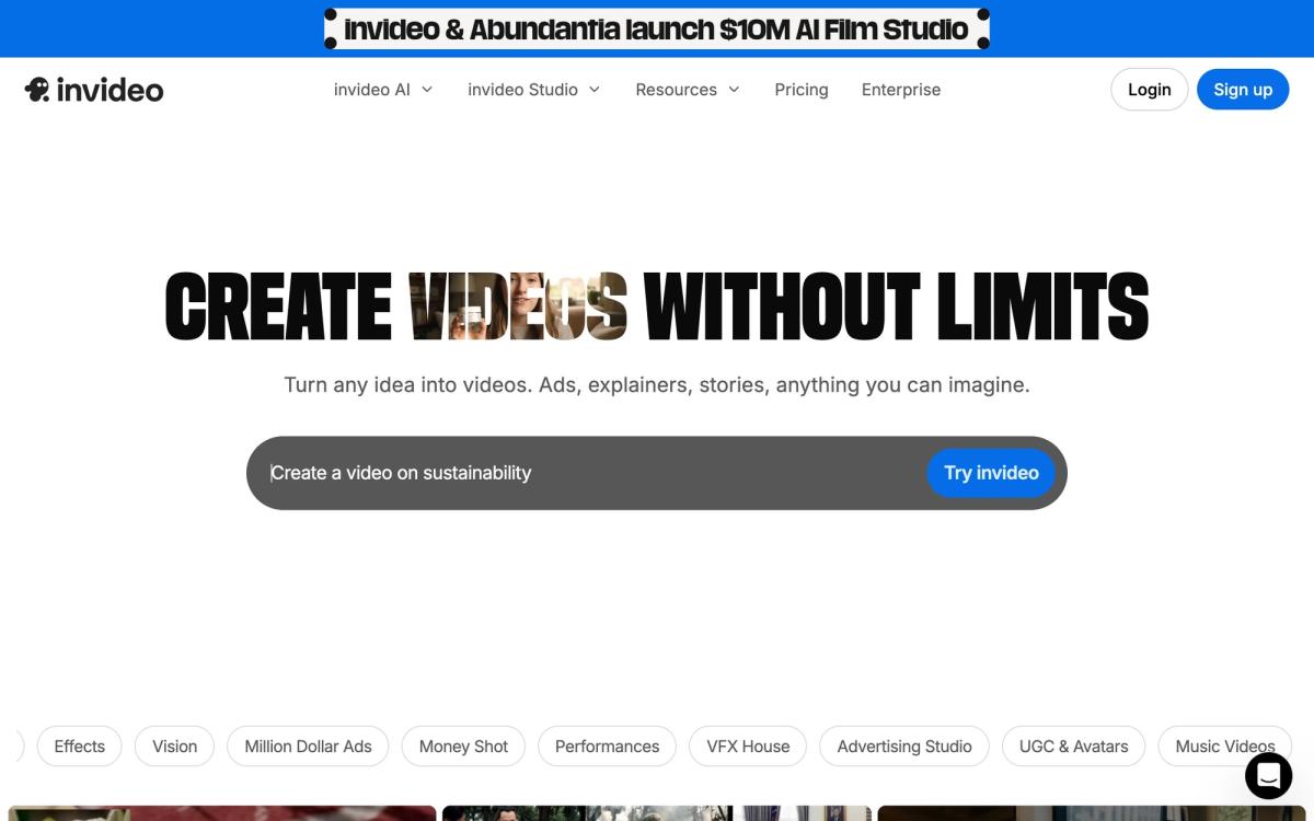 InVideo homepage hero showing its general AI video creation platform