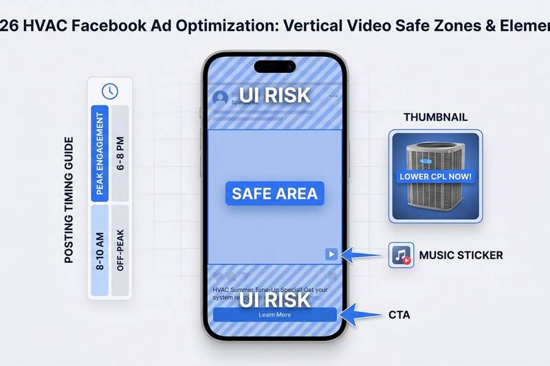 Facebook ad mockups for HVAC repair showing AC units, energy bills, and UGC-style video ads