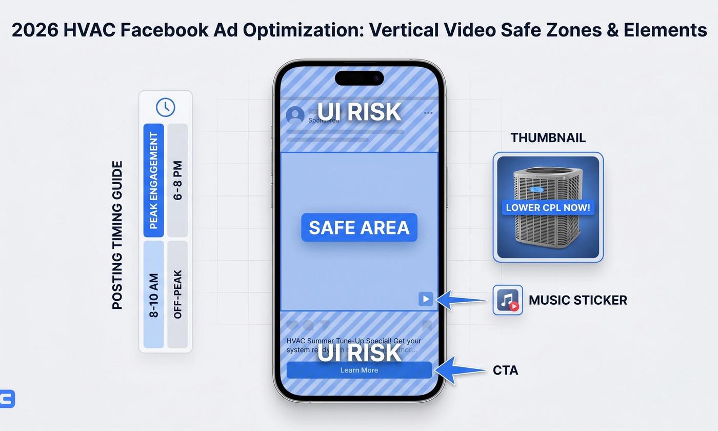 Facebook ad mockups for HVAC repair showing AC units, energy bills, and UGC-style video ads
