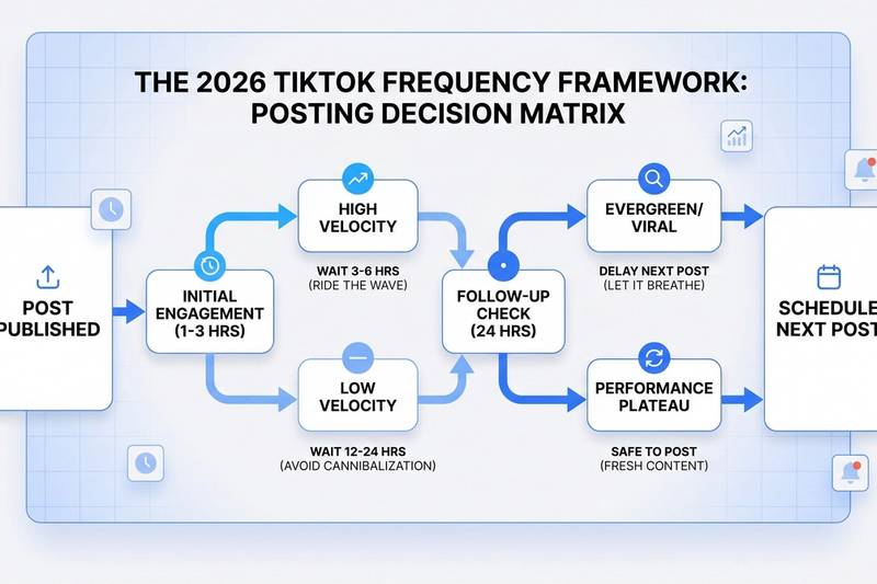TikTok posting schedule showing spaced video uploads and engagement velocity over time