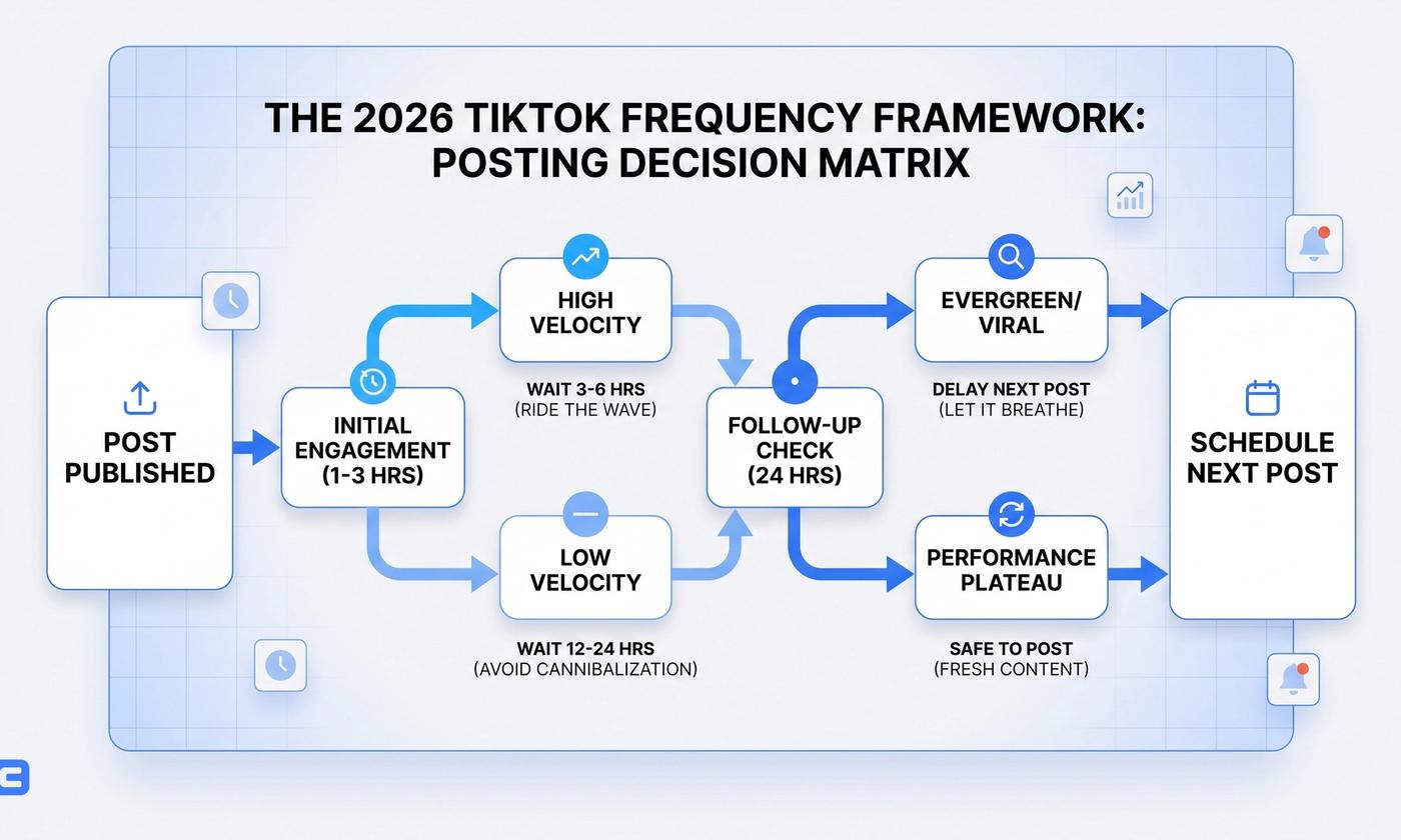 TikTok posting schedule showing spaced video uploads and engagement velocity over time