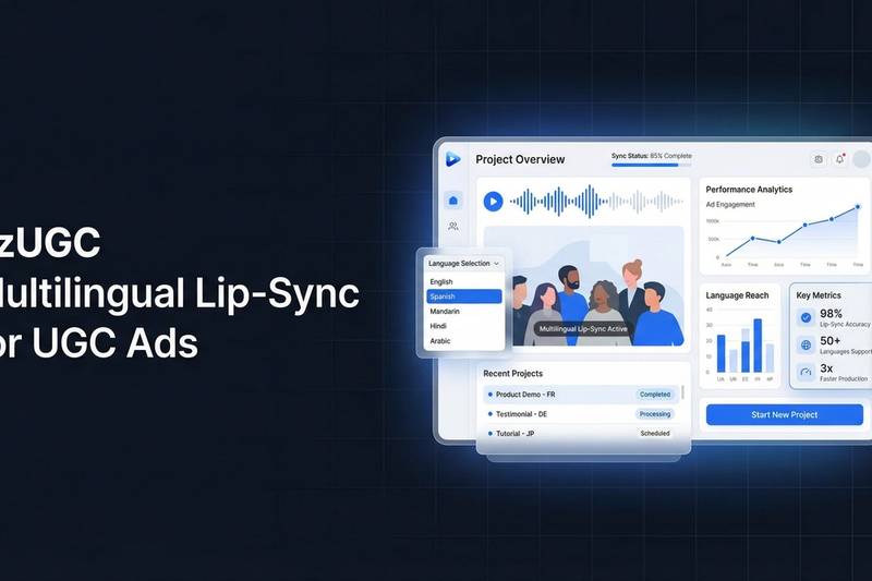 Tutorial-style graphic showing a talking video being lip-synced to a new audio track for multilingual ad localization