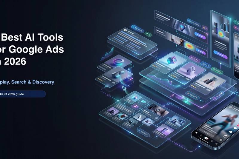 8 Best AI Tools for Google Ads in 2026 banner with ad creative variants