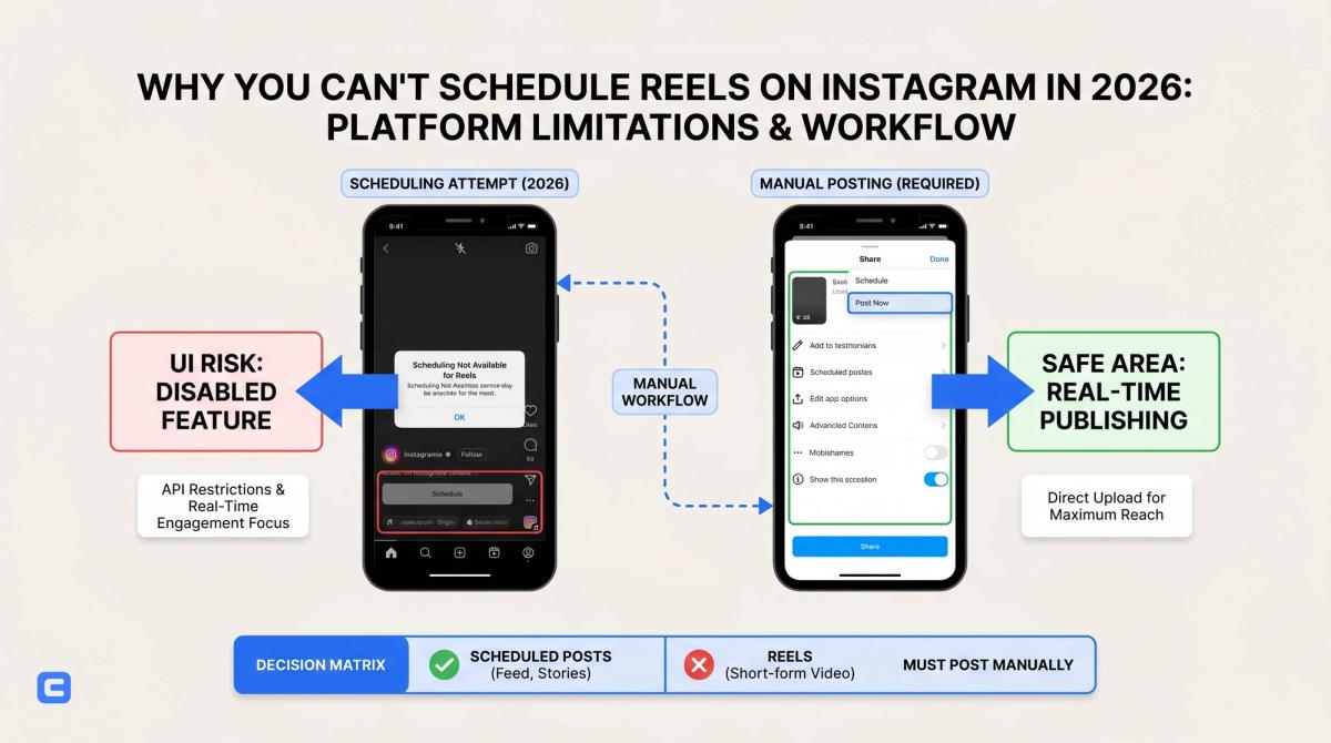 Instagram Reels scheduling dashboard with failed upload alerts and queued short-form videos - infographic