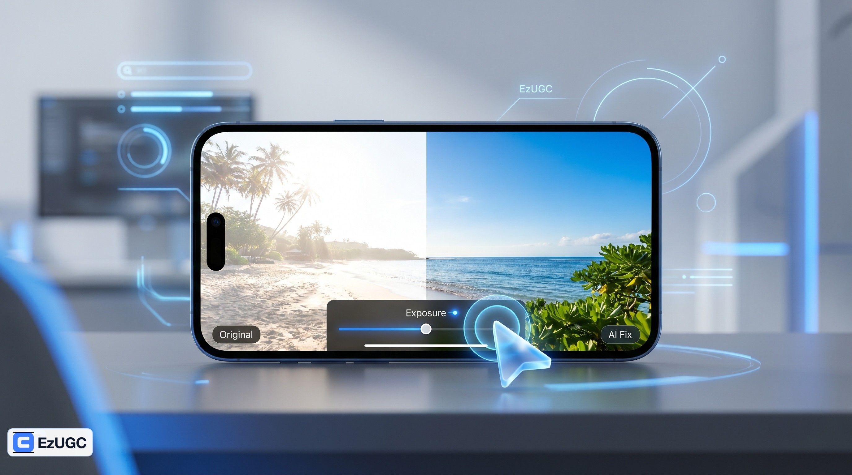AI photo editor correcting an overexposed product image for a social video ad