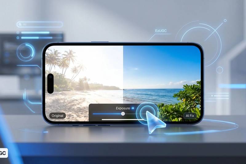 AI photo editor correcting an overexposed product image for a social video ad