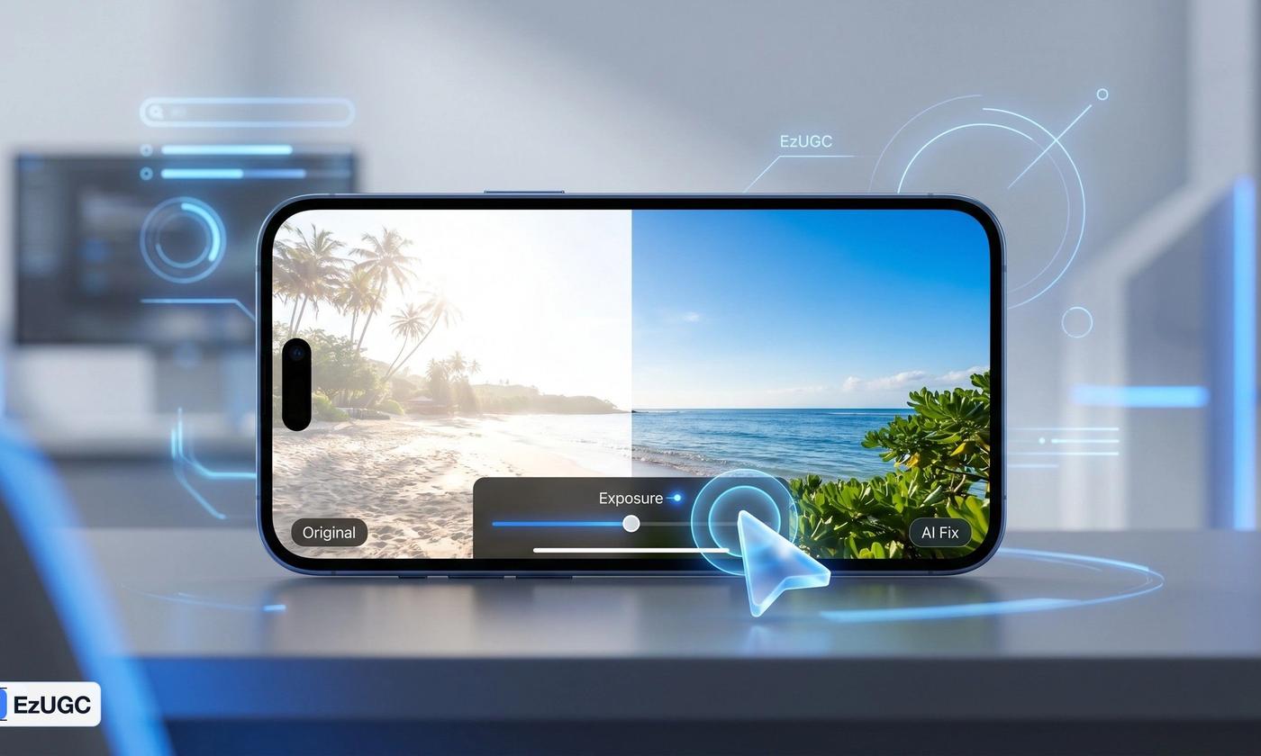 AI photo editor correcting an overexposed product image for a social video ad