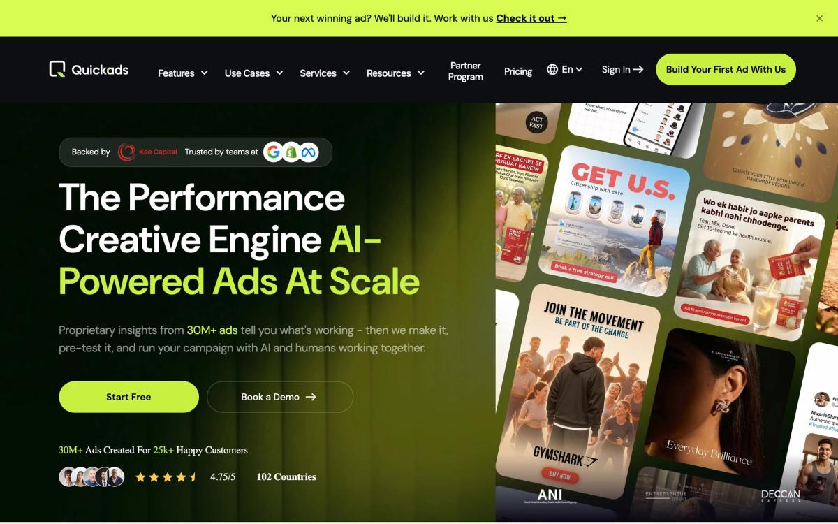 Quickads homepage hero screenshot