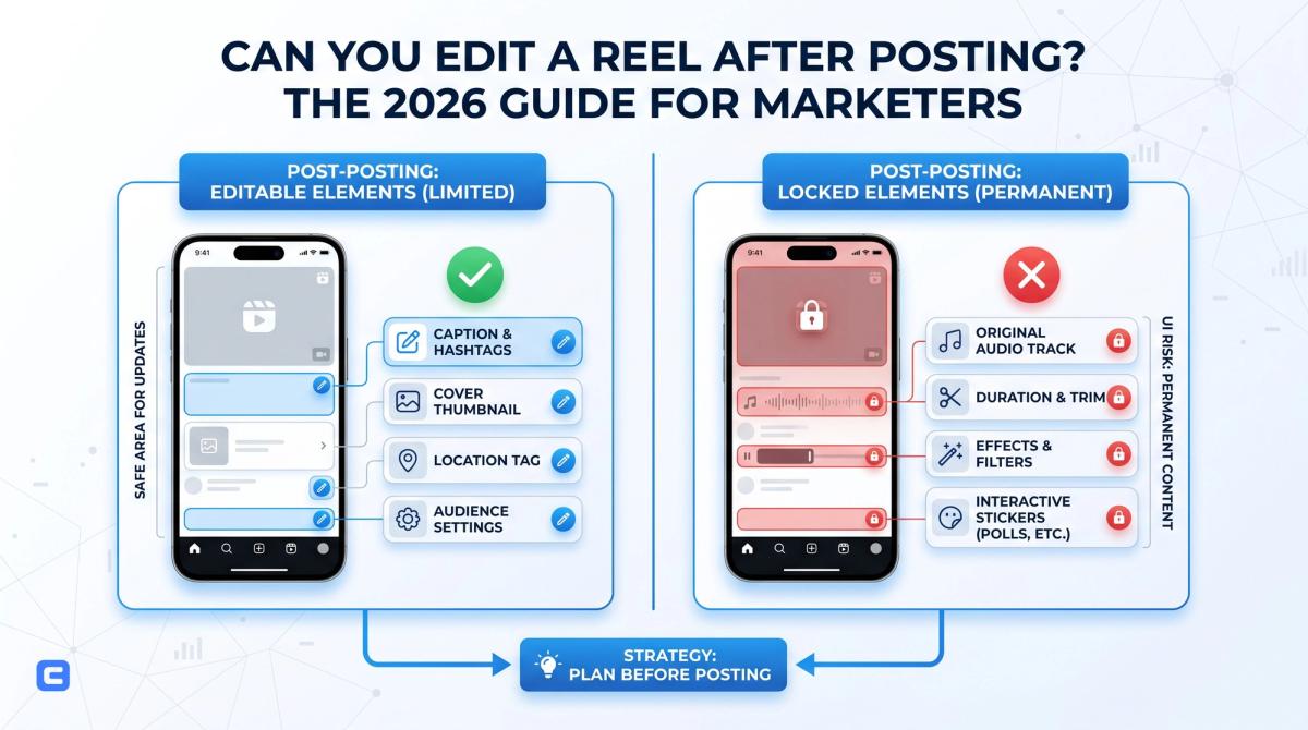 Social video editing dashboard showing a locked Reel with editable caption and tag fields - infographic