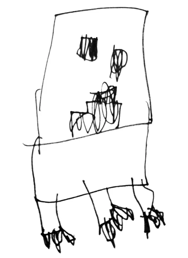 Child's black-line drawing of a four-legged creature with scribbled eyes and mouth.