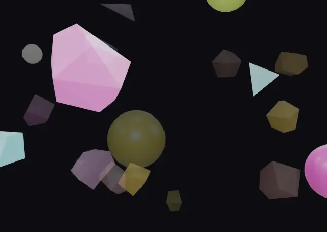 Floating pink, olive, and teal 3-D shapes on a black background.