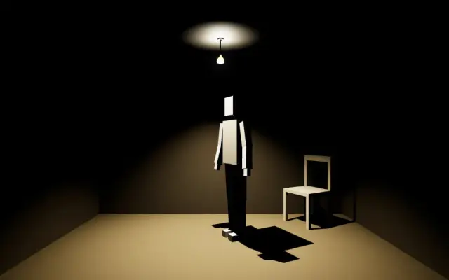 A blocky white figure standing under a hanging lamp beside an empty chair in a dark room.