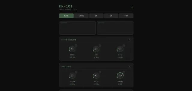 Dark DR-101 drum synthesizer panel with Kick selected and knobs for pitch envelope and amplitude.