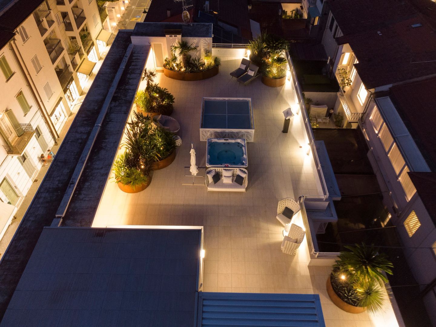 The spa and the planters from above, evening