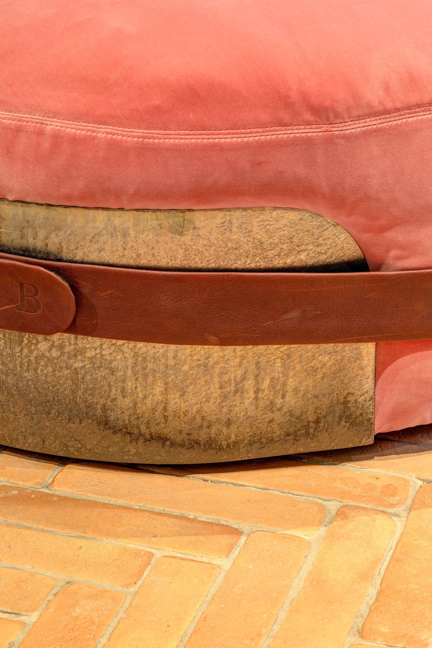 The leather strap and the seam beneath it