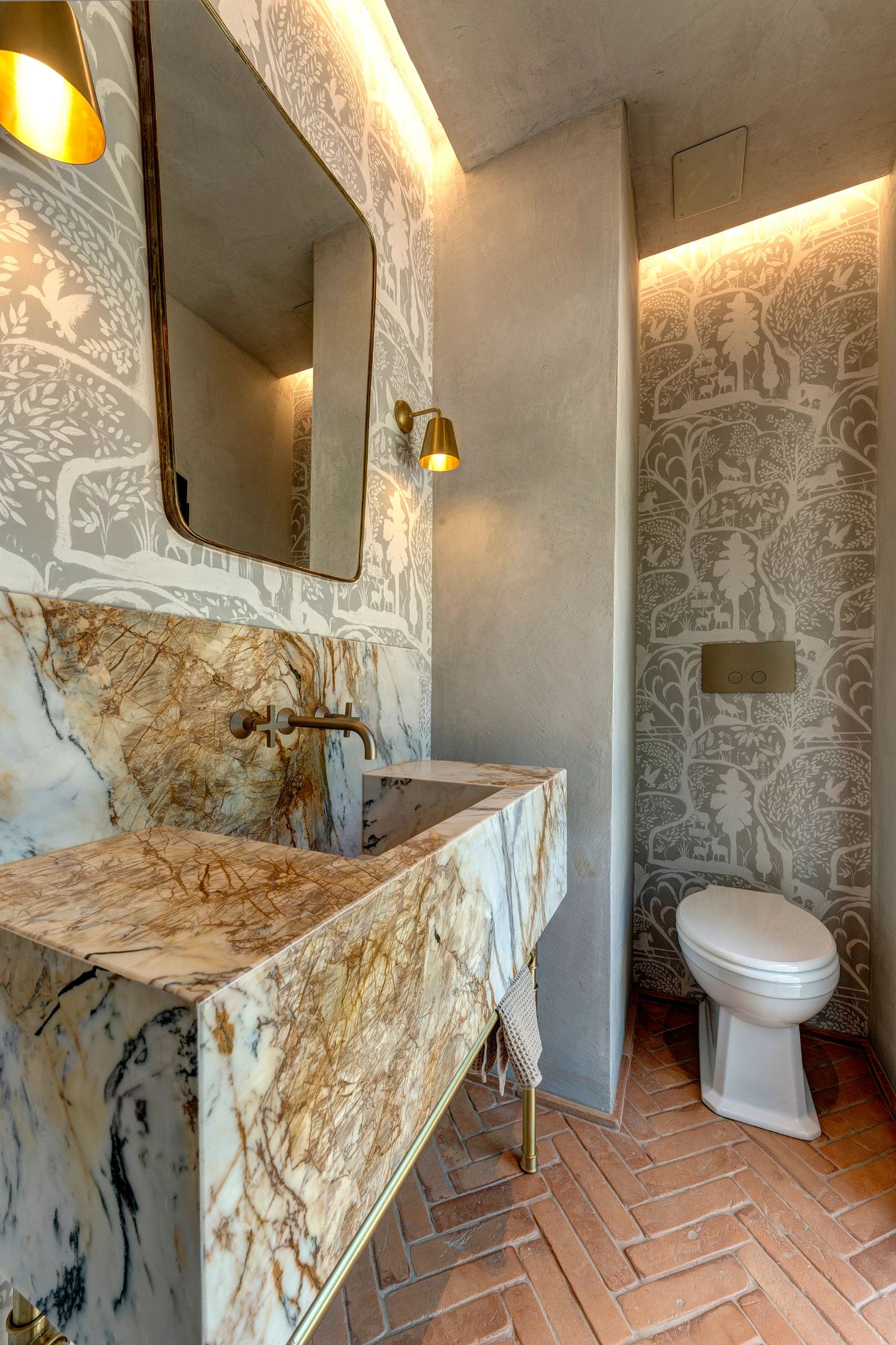 Marble and printed paper, the WC beyond