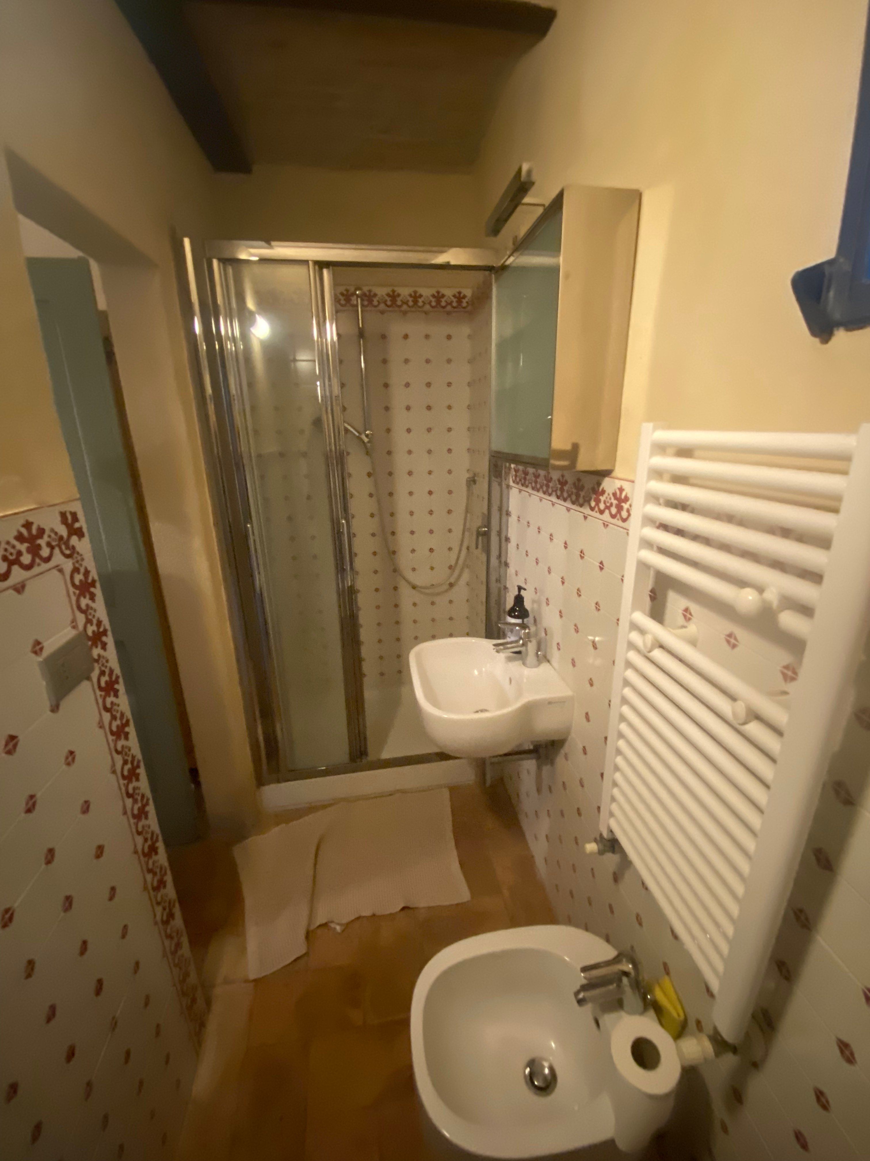 Before: the small bathroom in white tiles with red motifs
