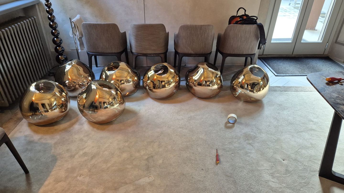 The copper globes unpacked on the floor