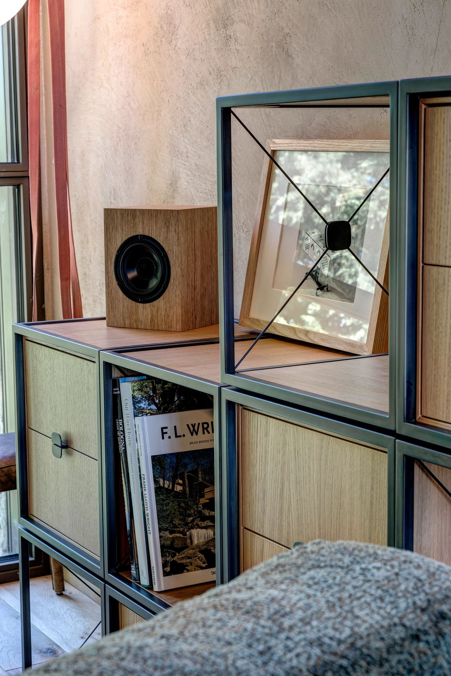 Records in the cubes, a mirror above them
