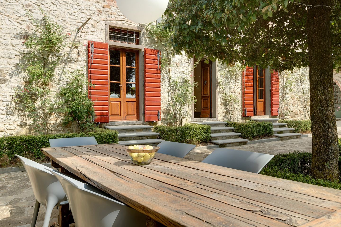 The outdoor table against the shutters