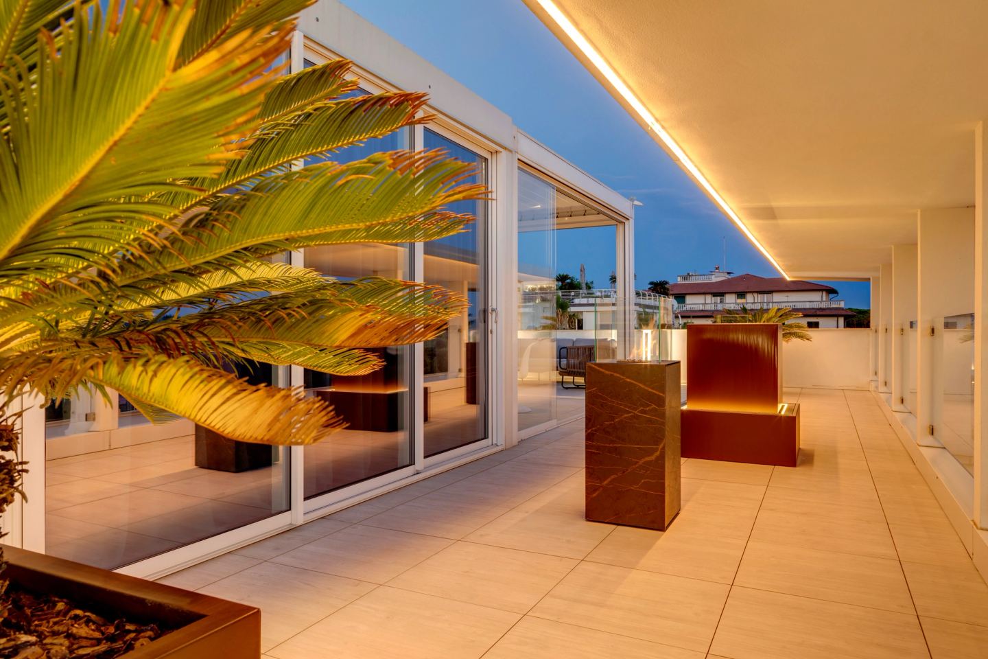 Palm fronds against the lit pavilion