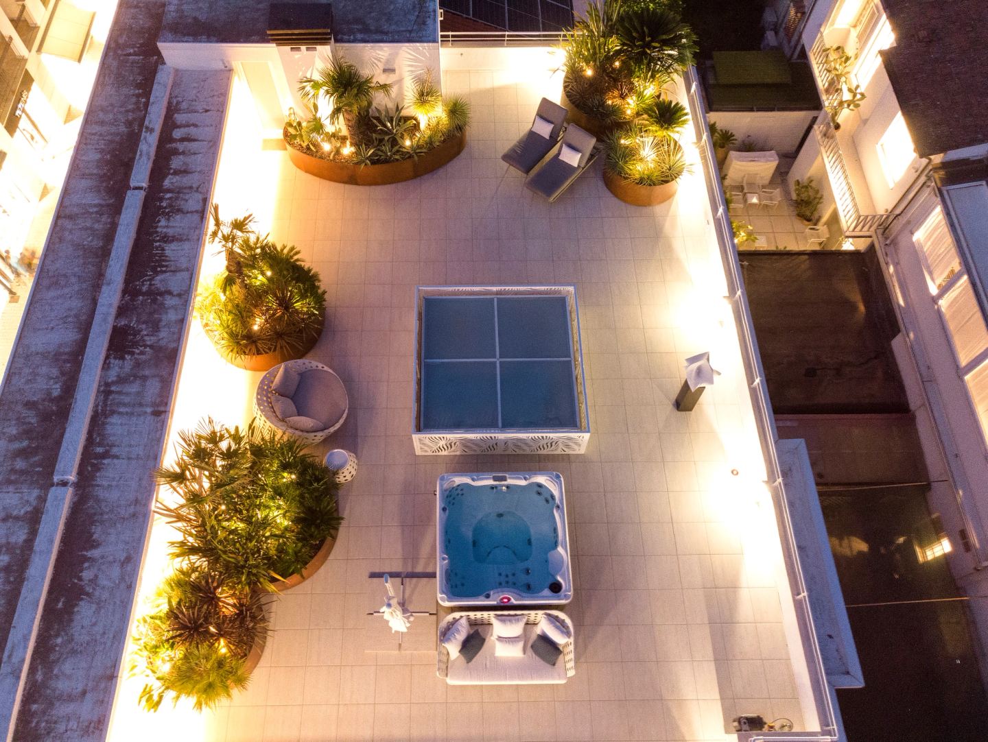 The lit terrace from the air