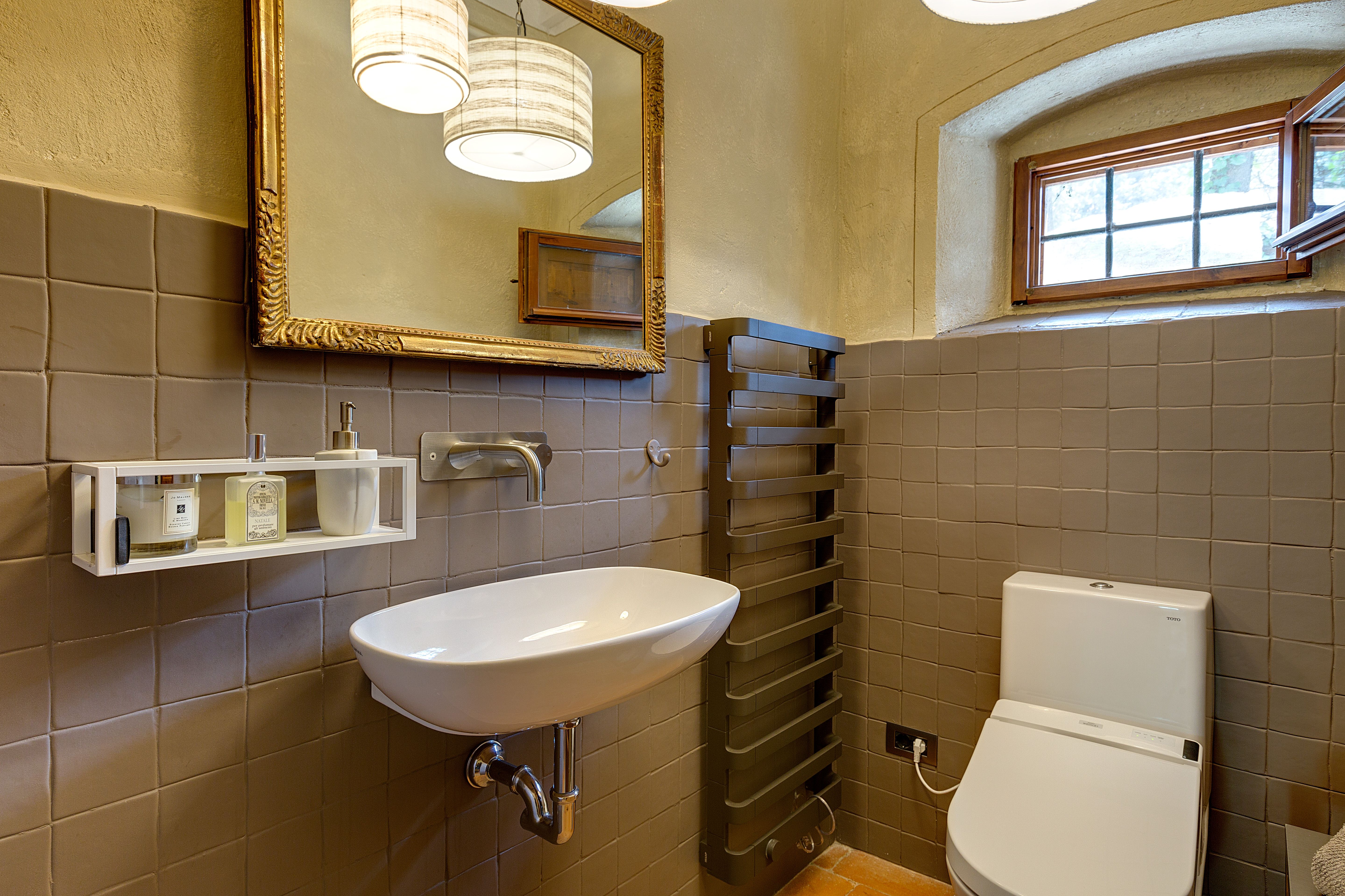 The wall-hung basin below the gilt mirror