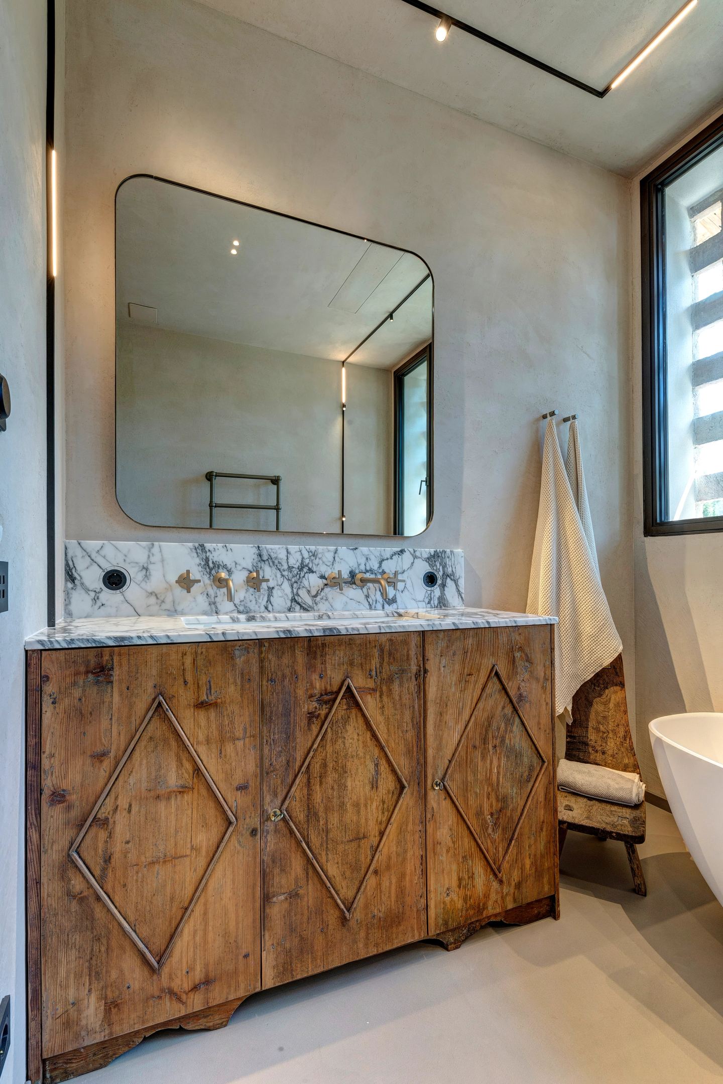 The diamond panels of the vanity