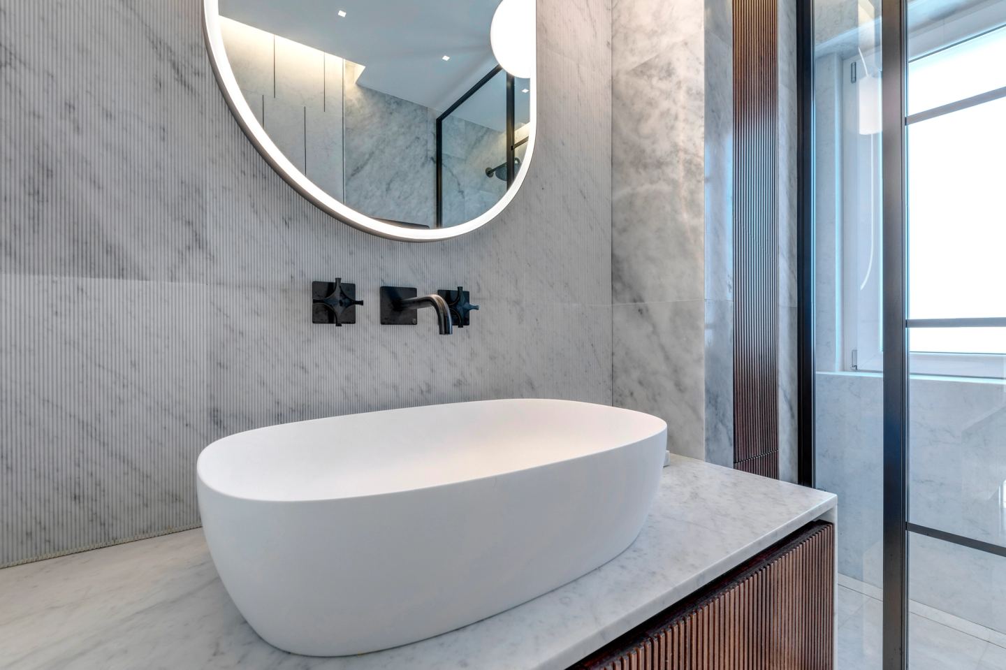 The stone basin on the marble top, close
