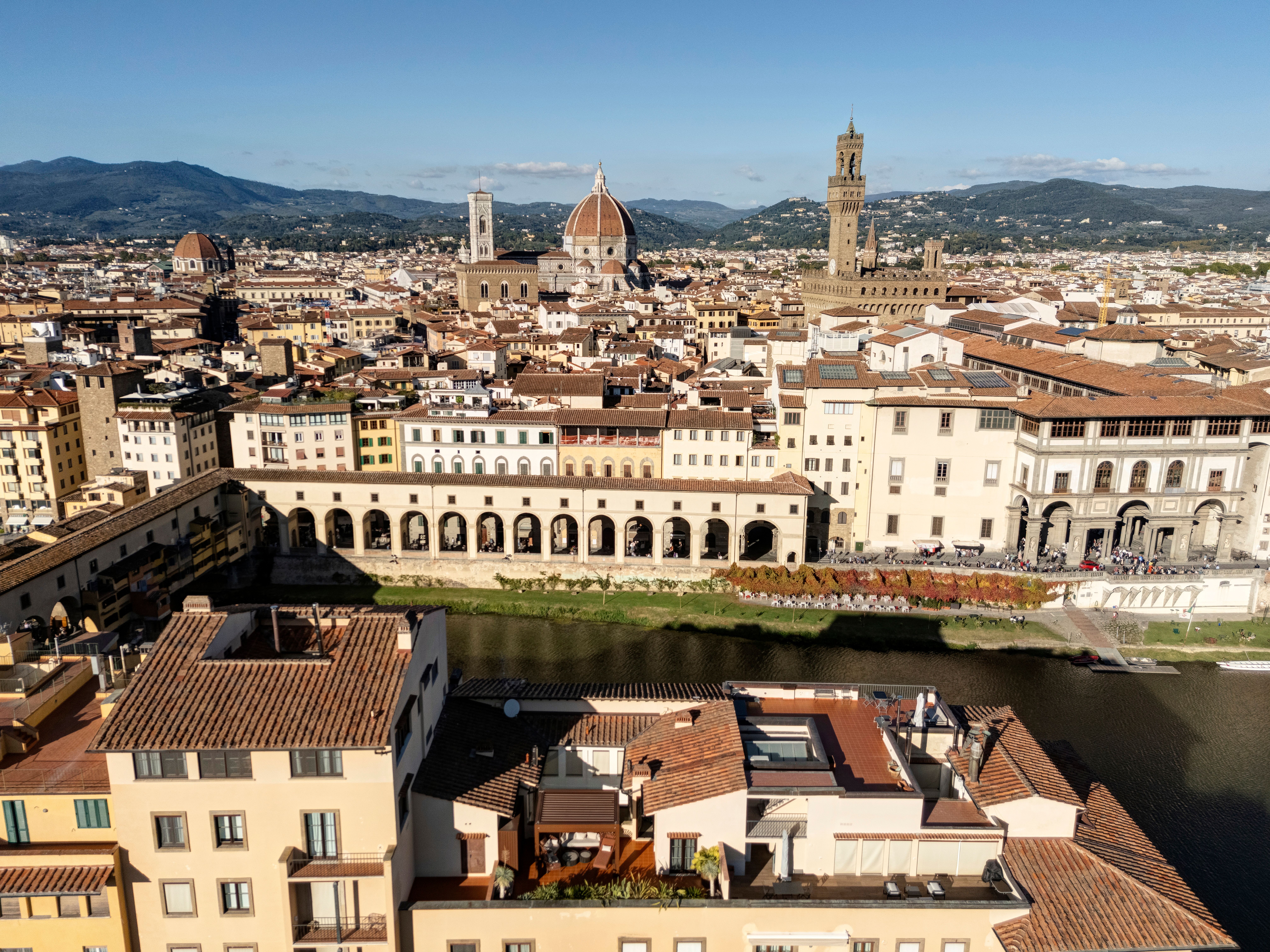 Ponte Vecchio, the Arno and the Uffizi from above the building