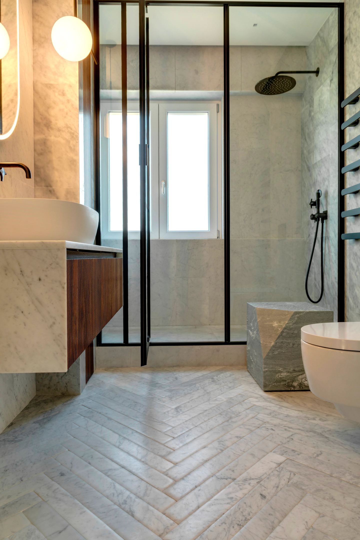 Bathroom and shower from the threshold, the floor running through