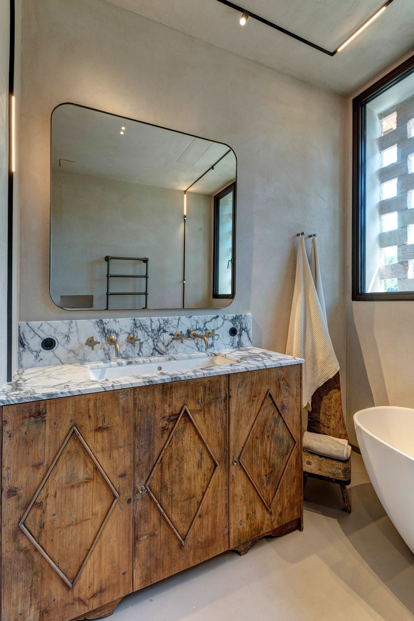 Vanity and bath from the door