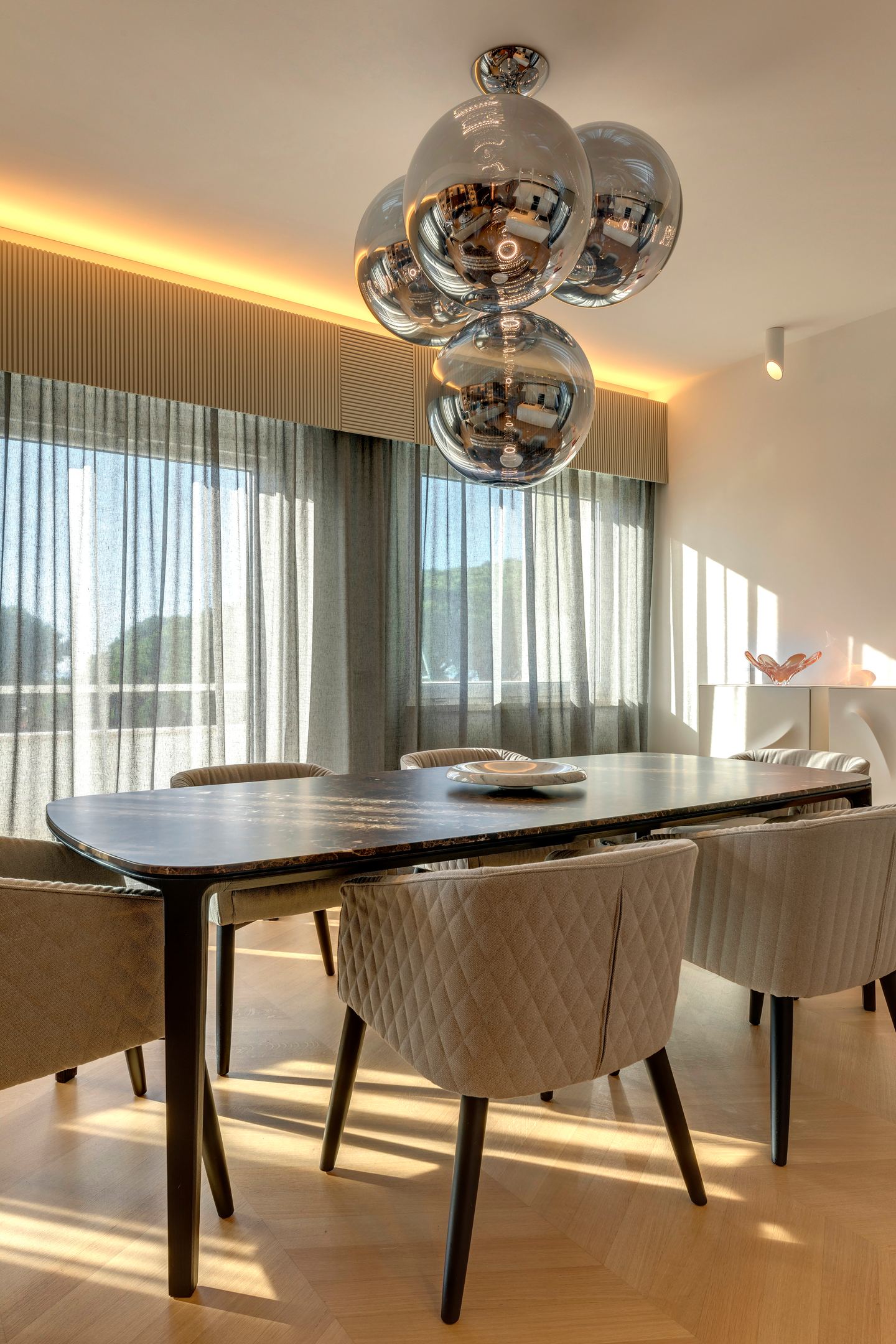 Dining table below the globes, portrait view