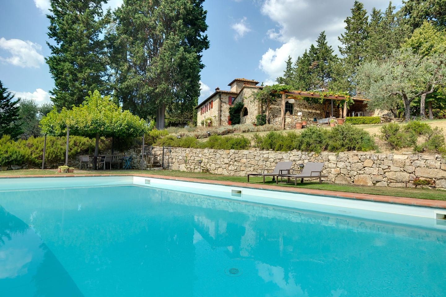Cypresses reflected at the pool's end
