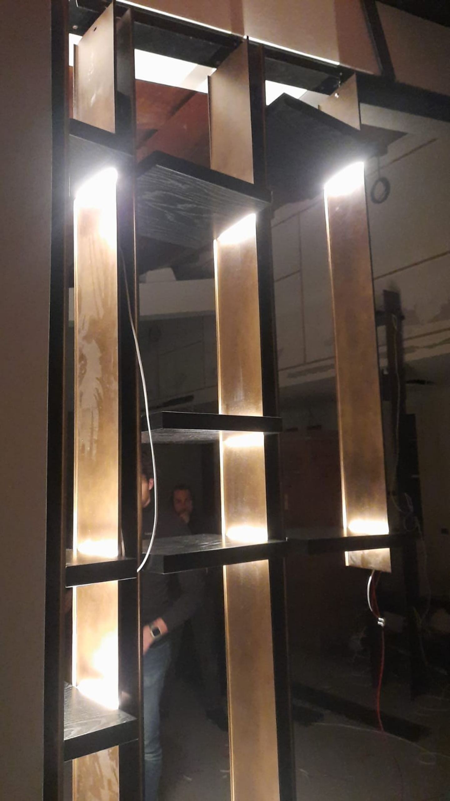 Bronze, light and shelf: one bay of the library