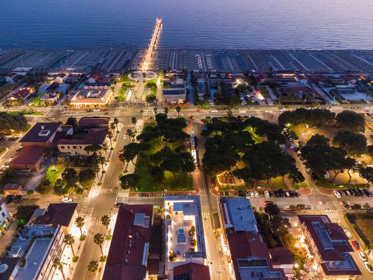 The seafront and the pier at night, from above
