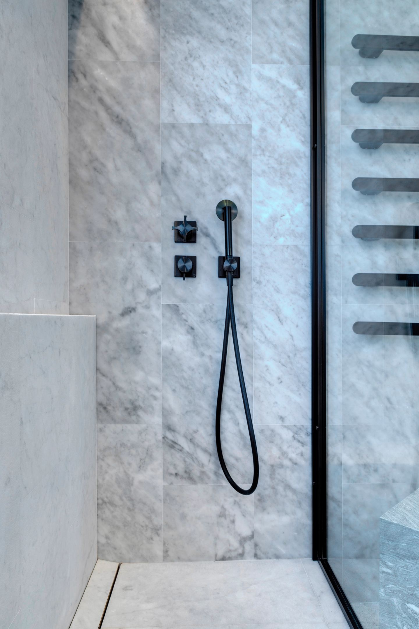 Shower with black thermostatic controls and a matching rail