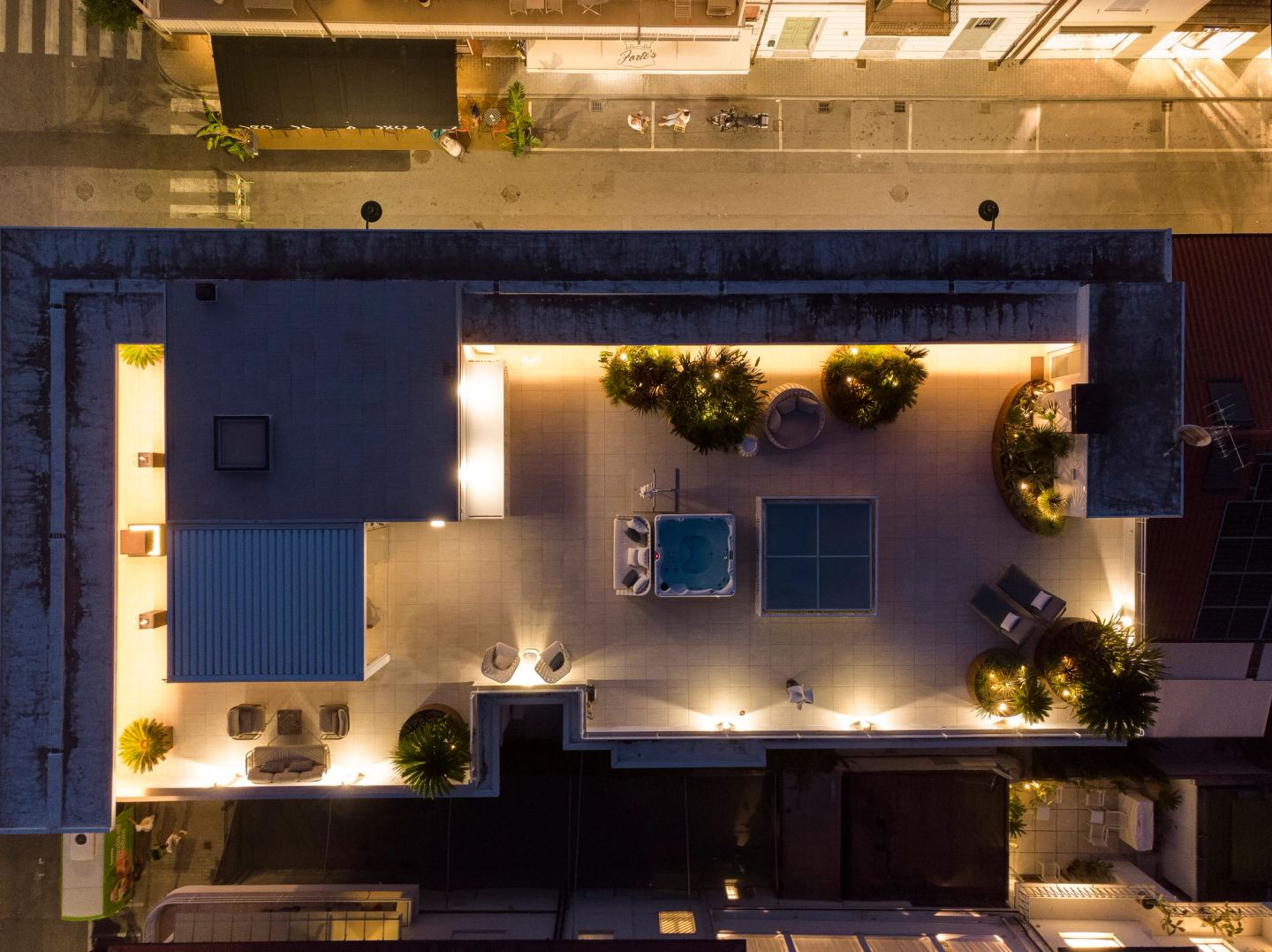 The terrace from directly above, lit