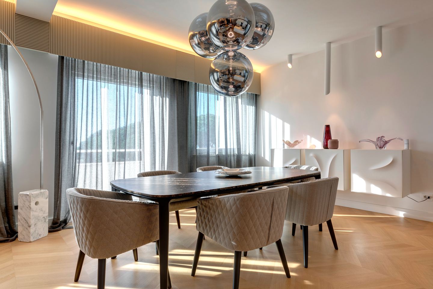 Dining table in the evening, curtains drawn
