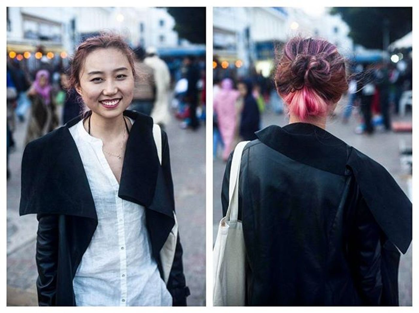 Diptych of a smiling young woman in a draped black jacket, front and back, at a dusk market