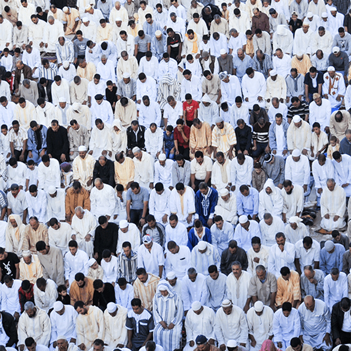 Vast crowd of men in white robes lined up in rows for outdoor prayer