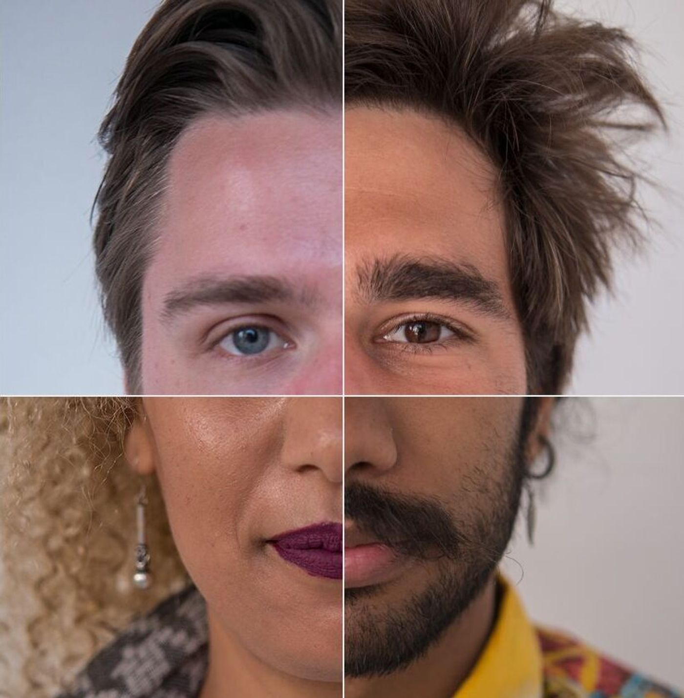 Composite face split into four quarters blending different people's features