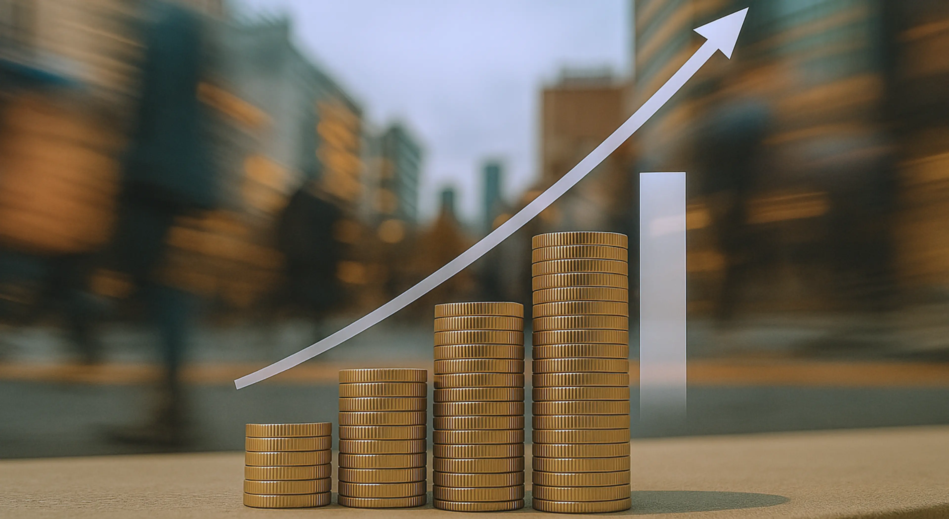 Stack of coins in upwards trend, representing growth