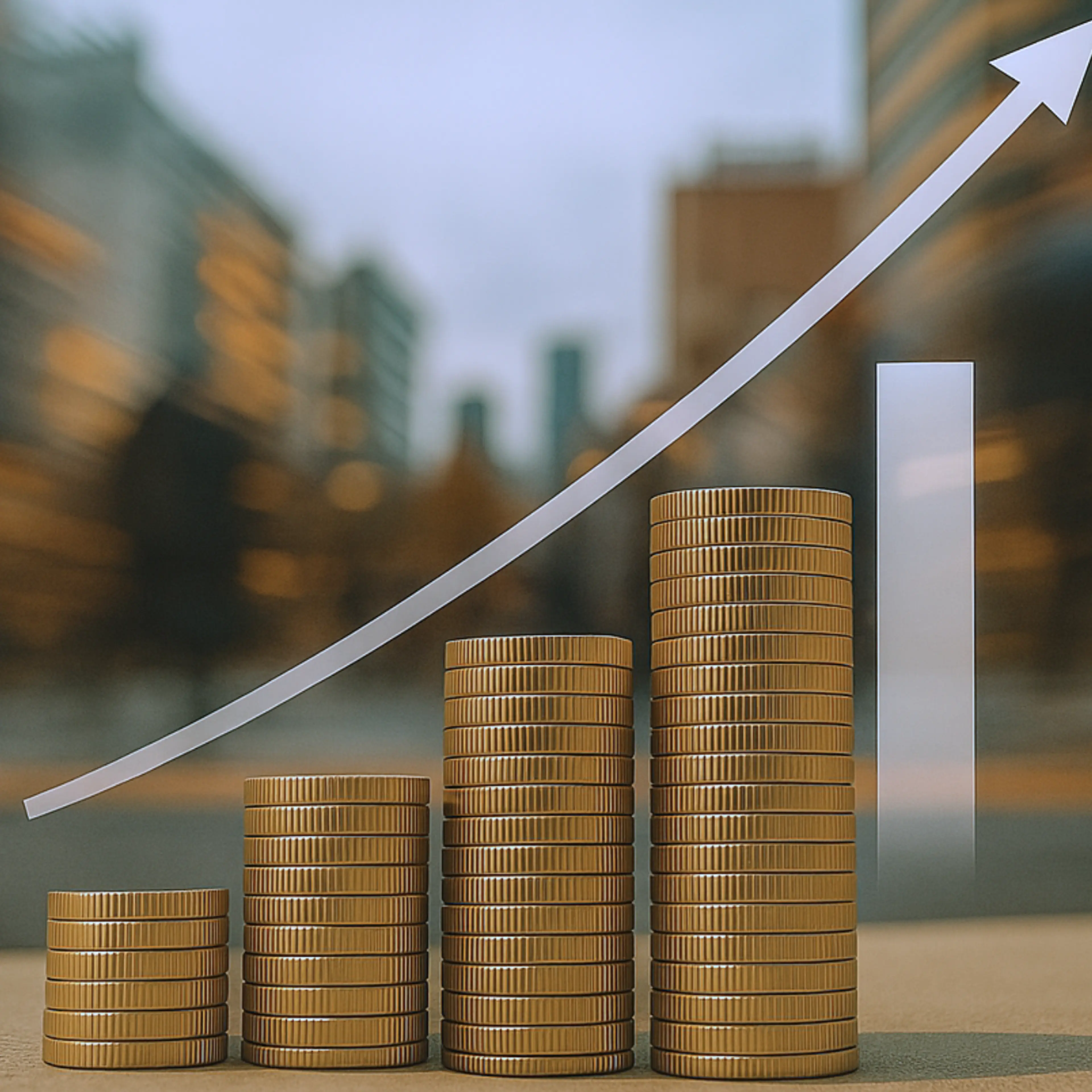 Stack of coins in upwards trend, representing growth