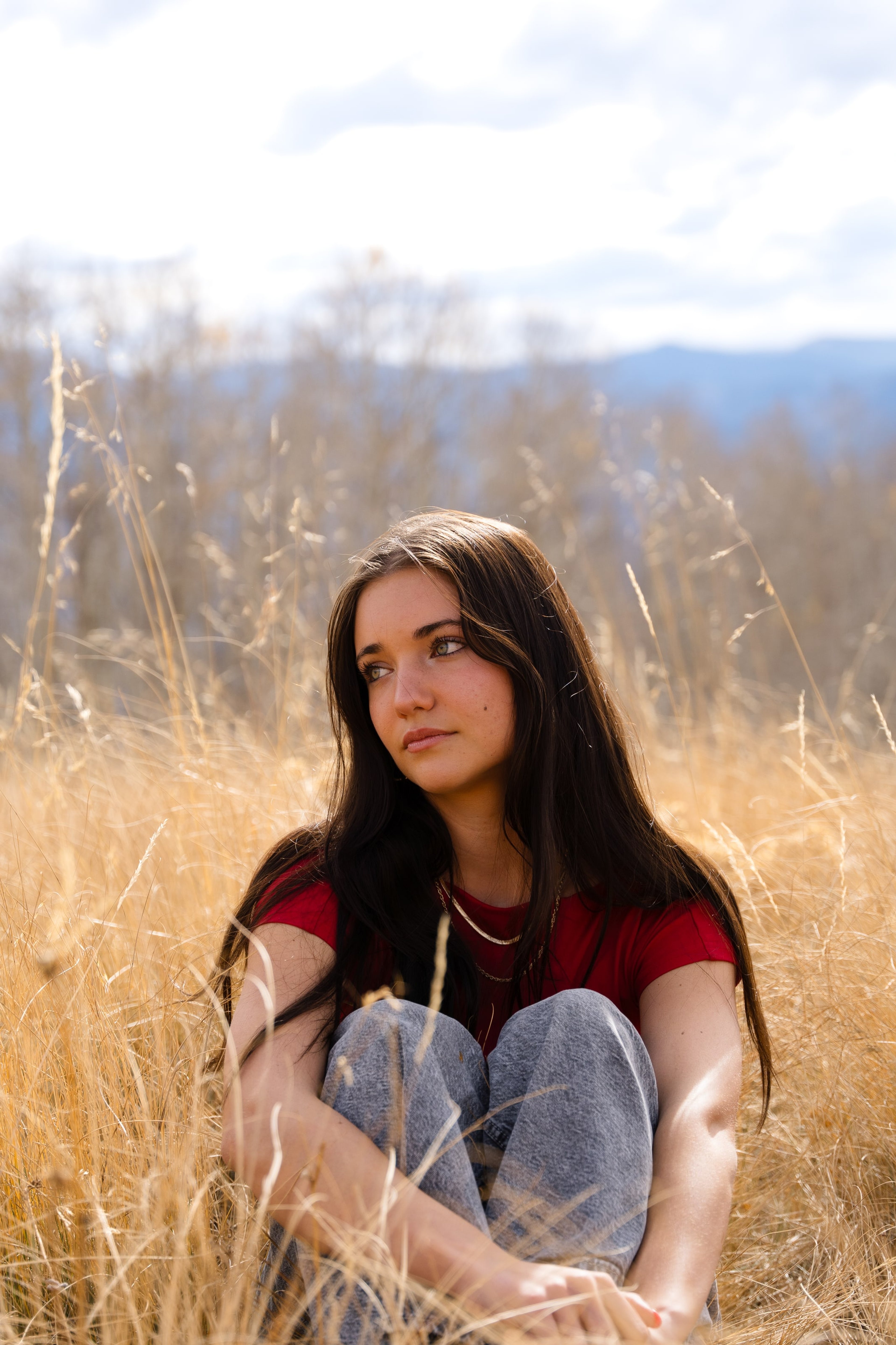 Lucy seated in golden grass looking off toward the light