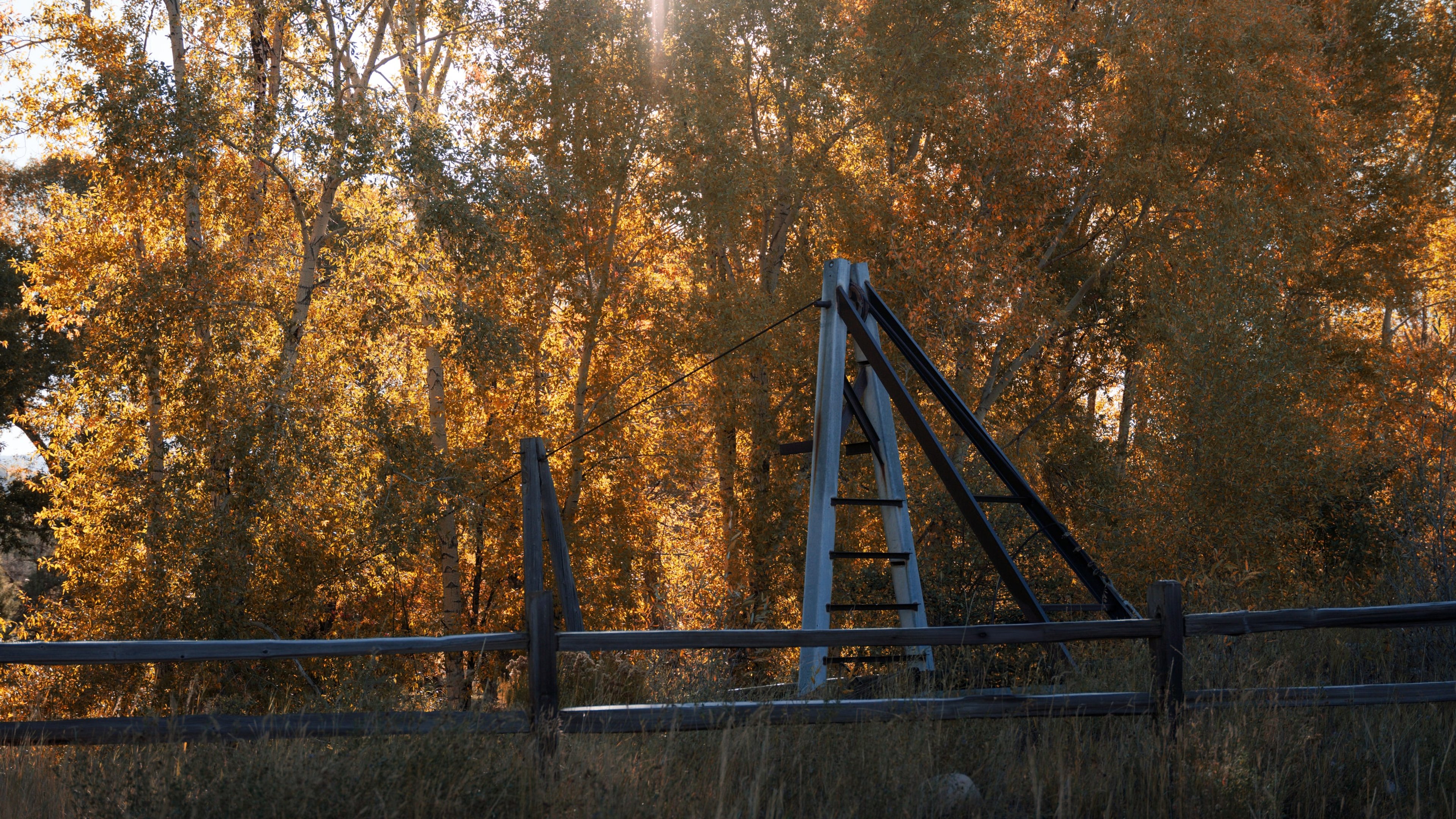 An old waterline bridge crossing a river through golden autumn cottonwoods